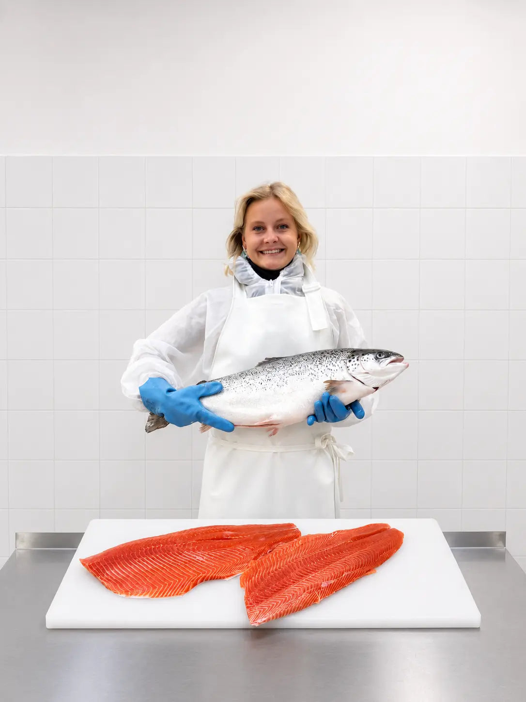 Mensch hält Lachs im Arm 