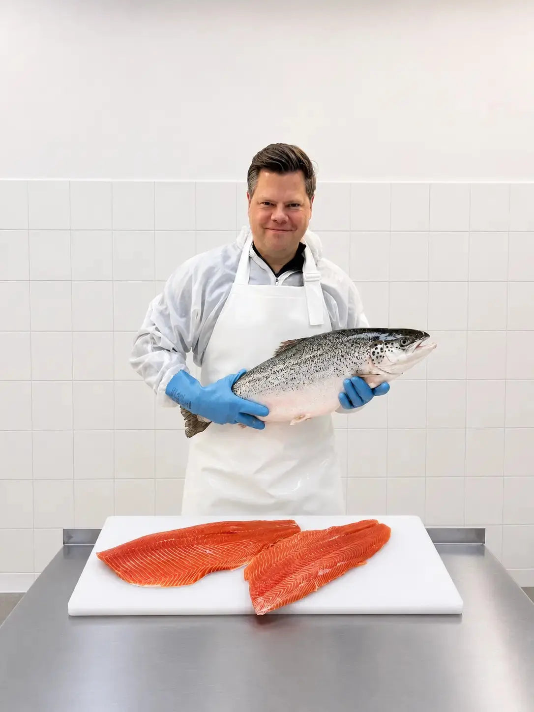 Mensch hält Lachs im Arm 