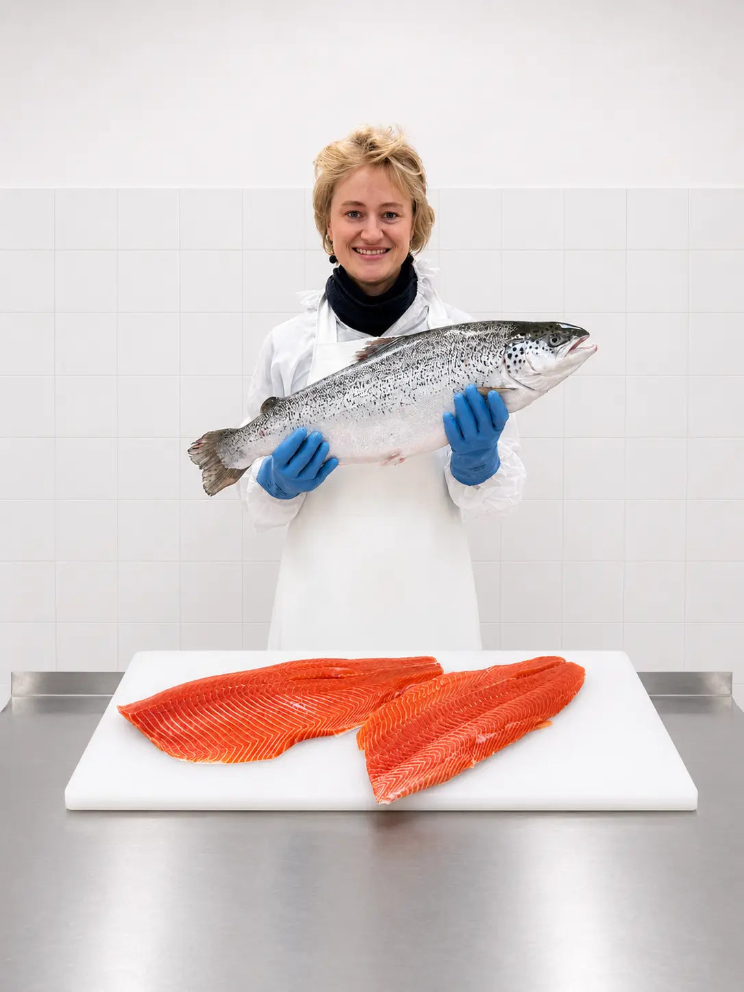 Mensch hält Lachs im Arm 