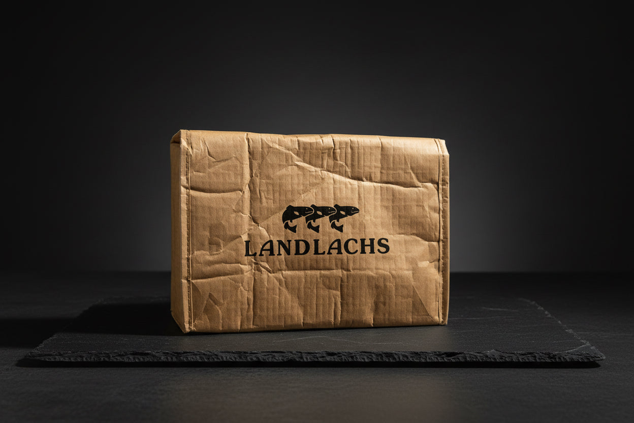 Auf einer schwarzen Platte steht eine Liunchbag mit dem Landlachs logo drauf 