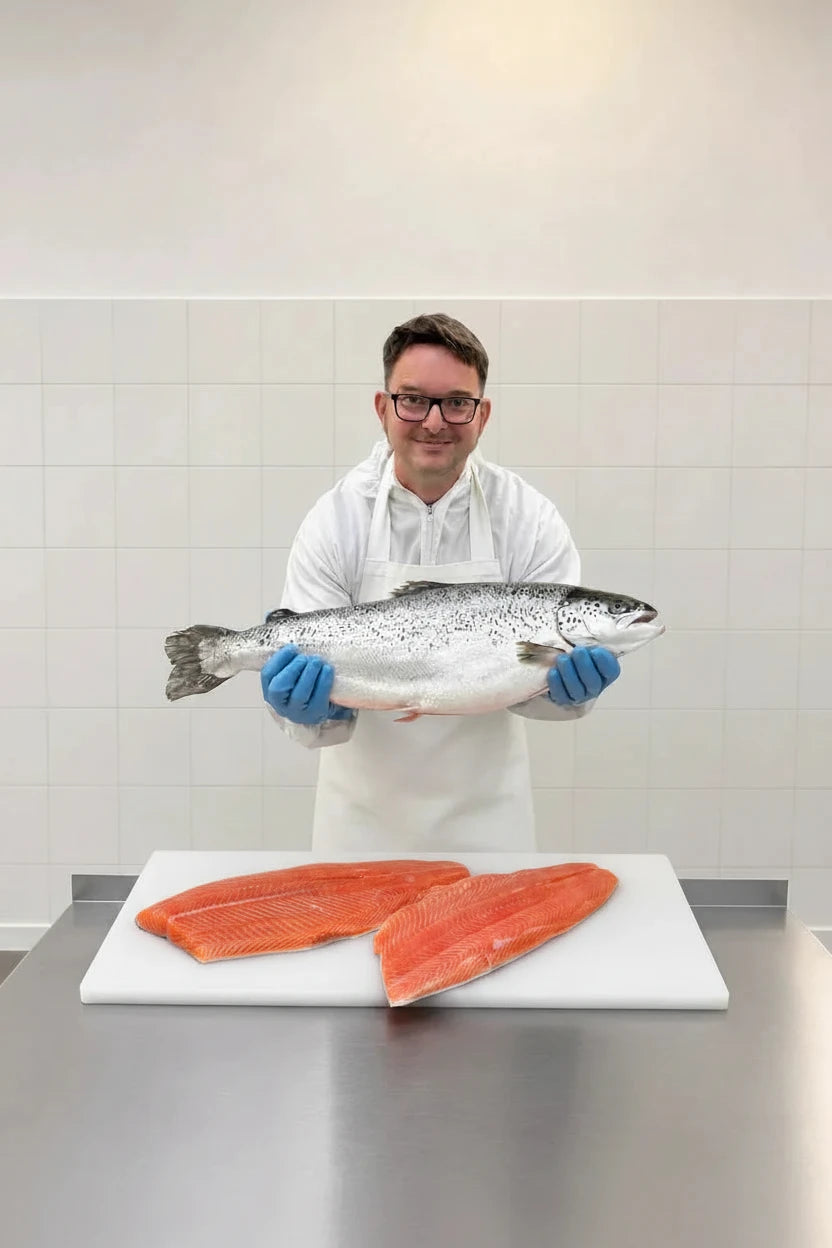 Mensch hält Lachs im Arm 
