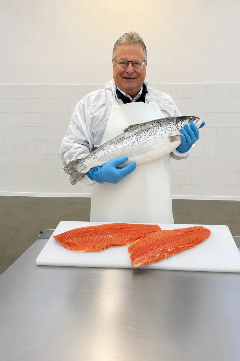 Mensch hält Lachs im Arm 