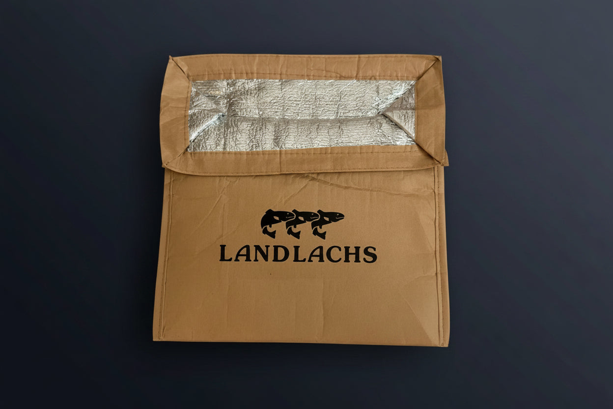 Lunchbag wurde flach hingelegt mit einem blau/scharzen Hintergund 